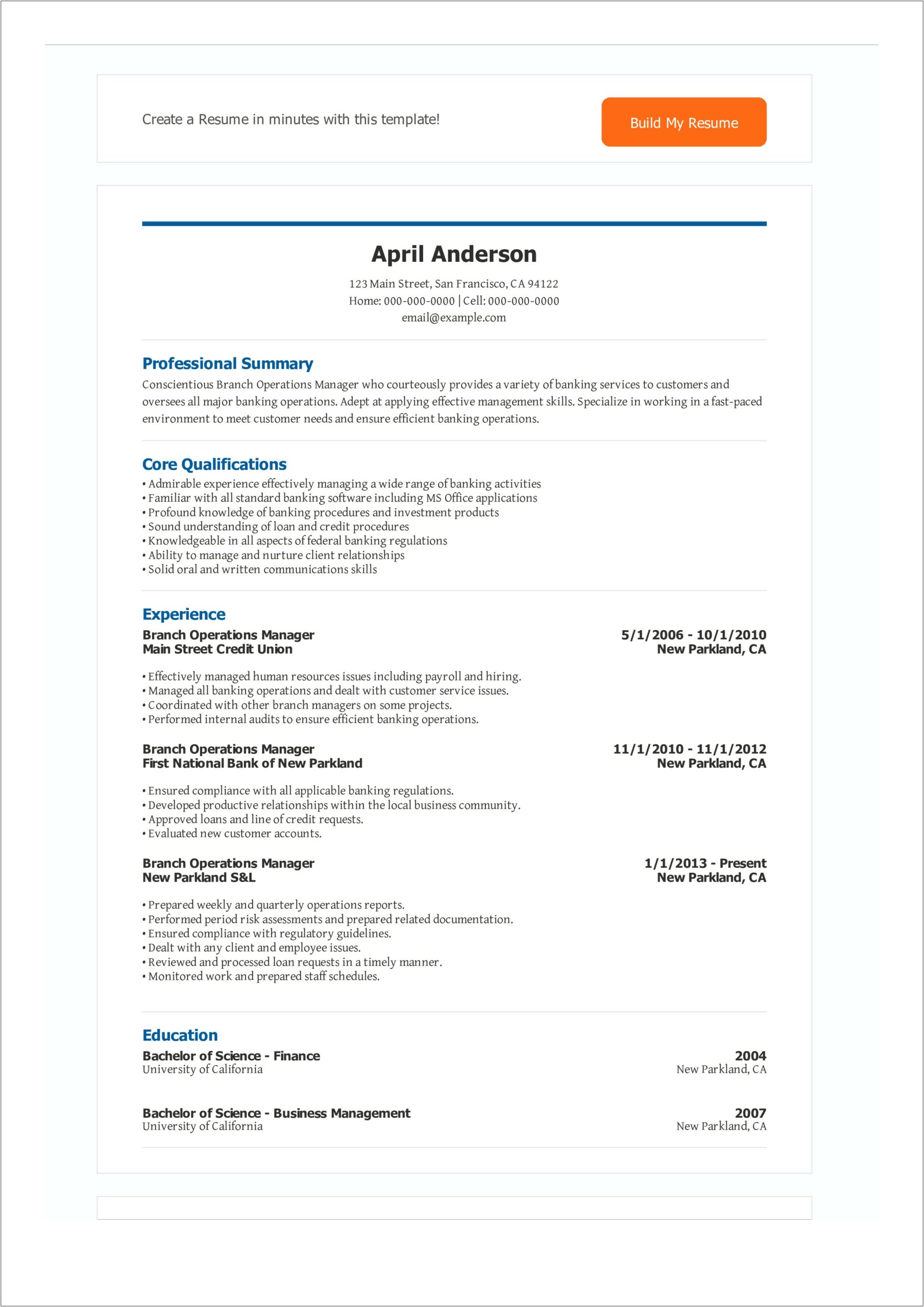 Resume Example For Bank Manager