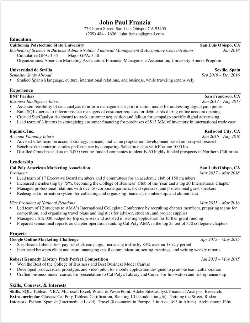 Resume Example For Business Administration Students