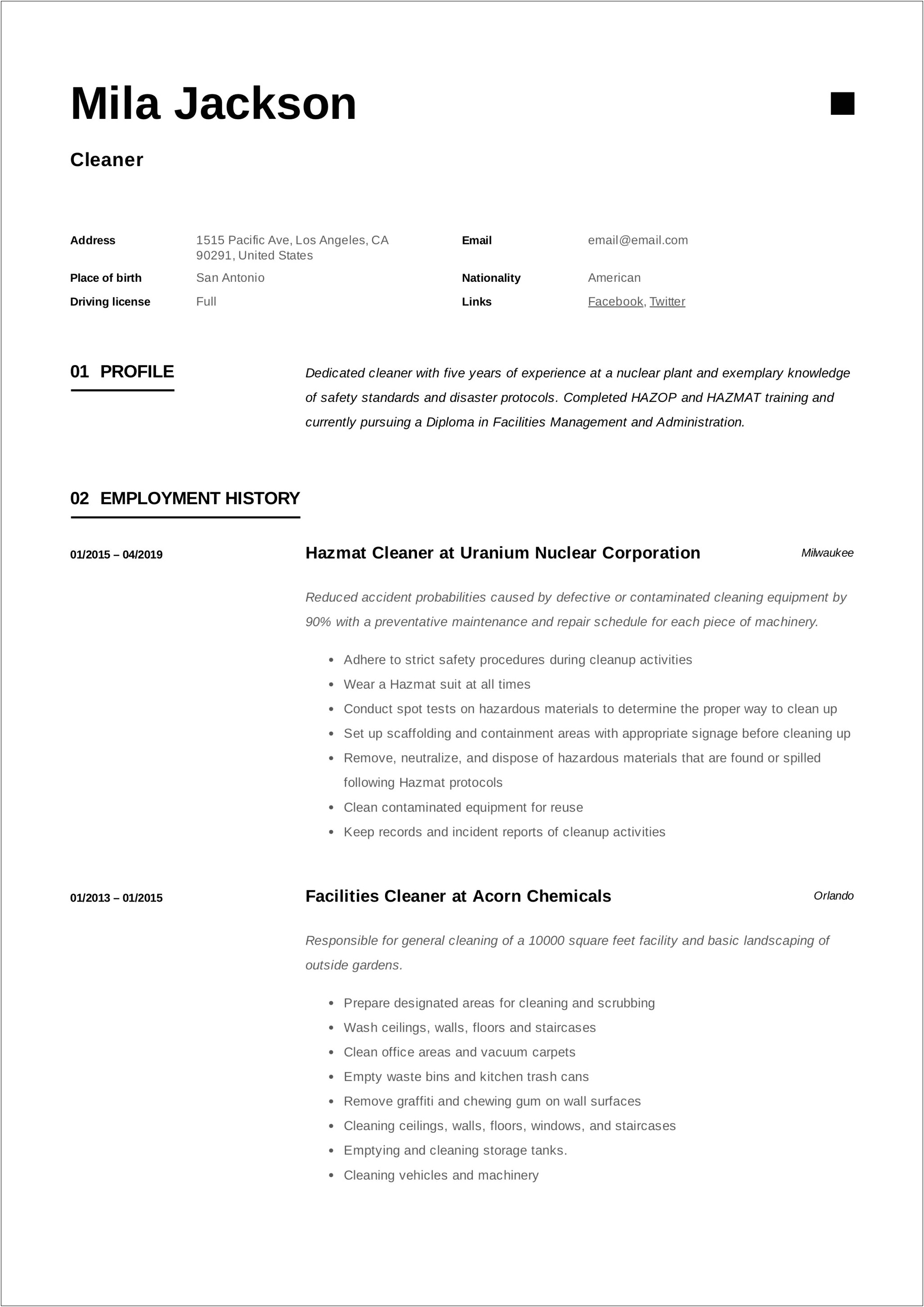 Resume Example For Cleaning Crew