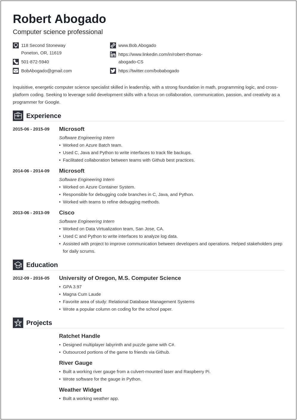 Resume Example For Computer Science Students