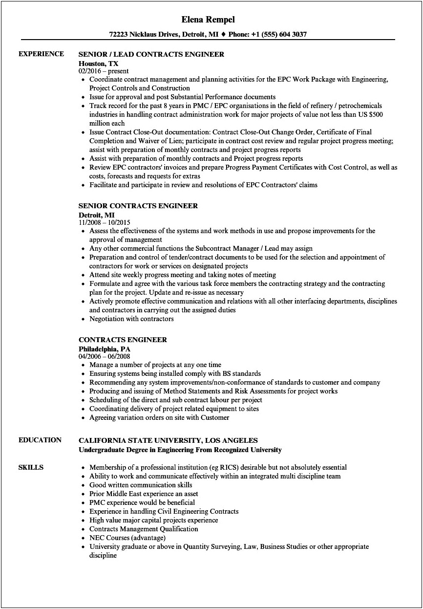 Resume Example For Contract Work
