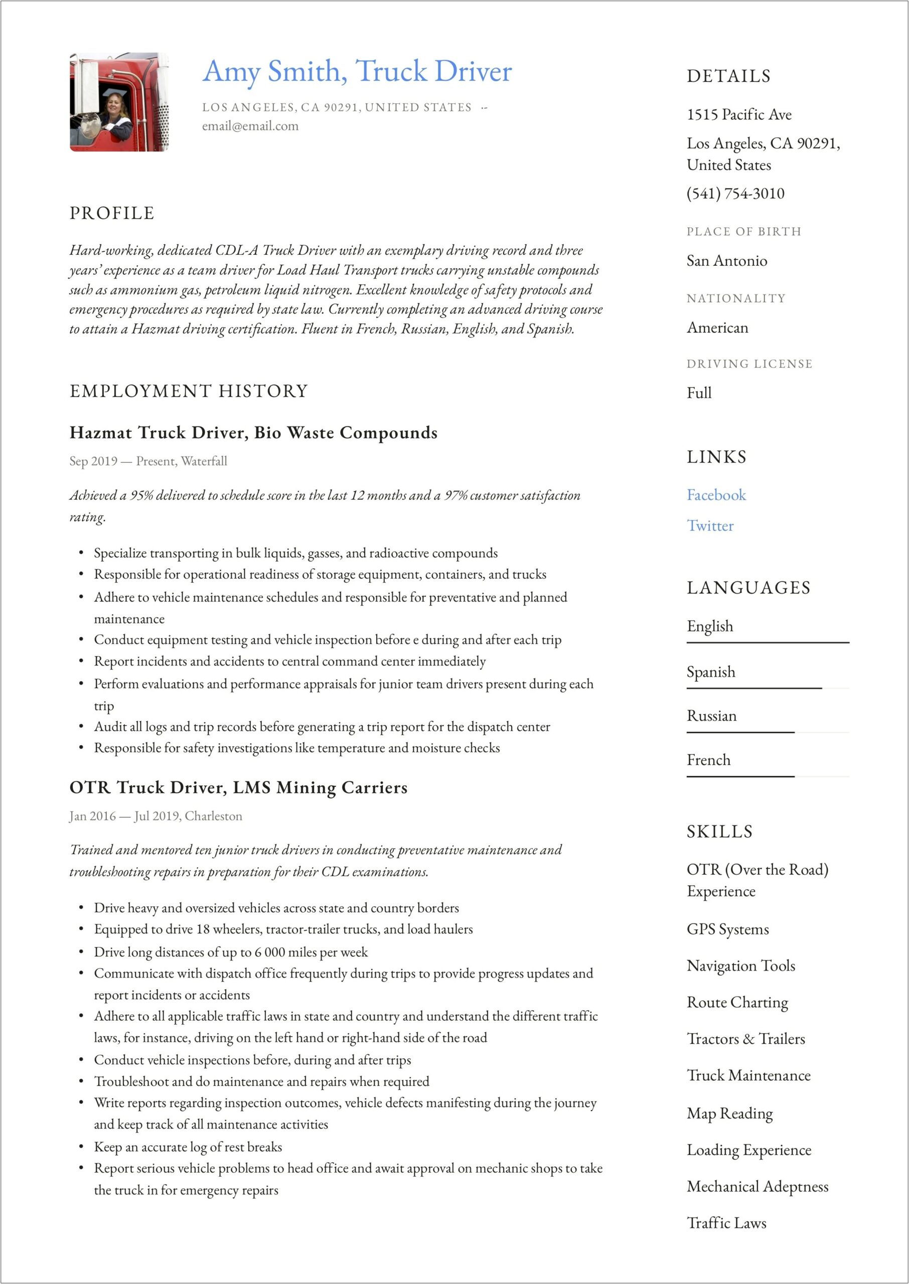 Resume Example For Cross Country Truck Driver