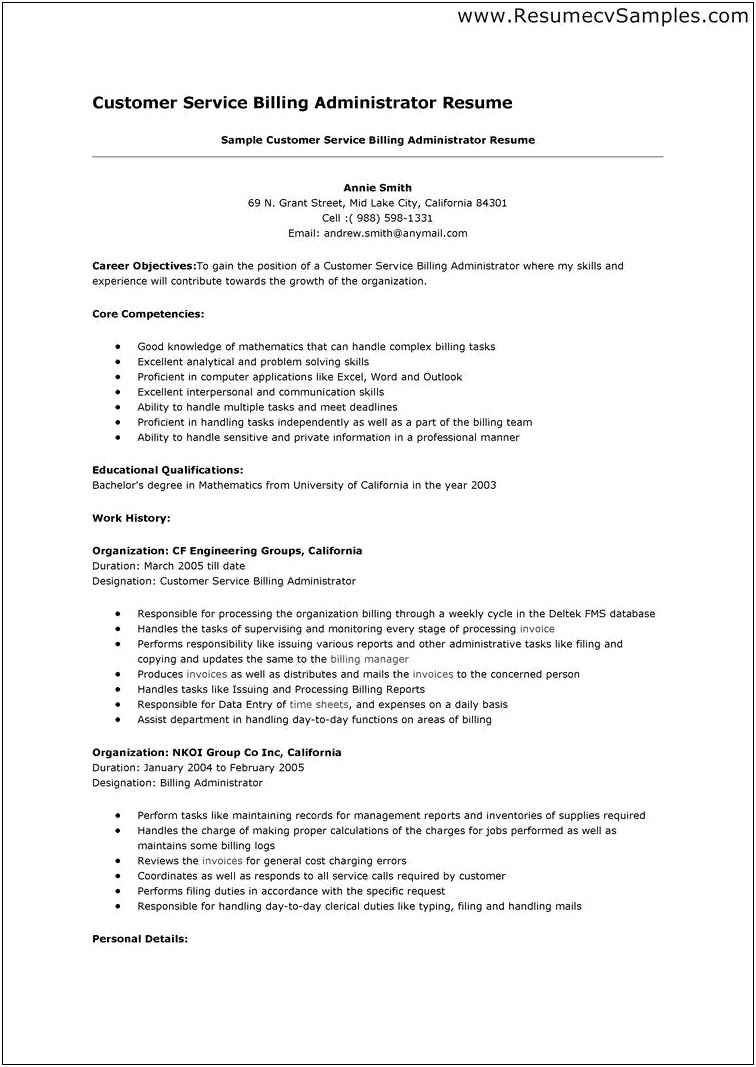 Resume Example For Customer Service Objective