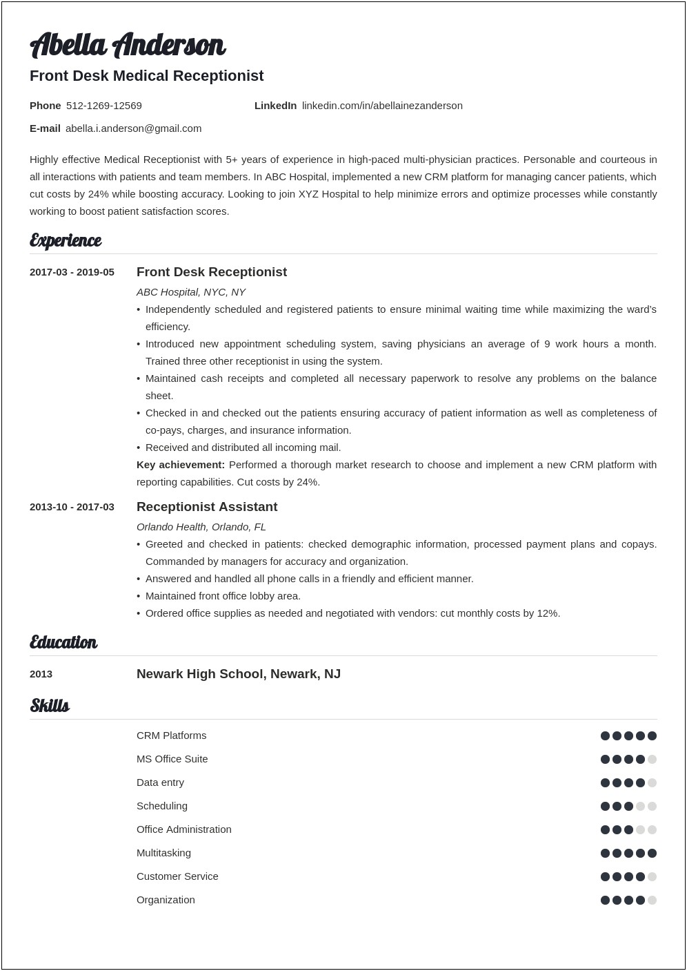 Resume Example For Dme Receptionist