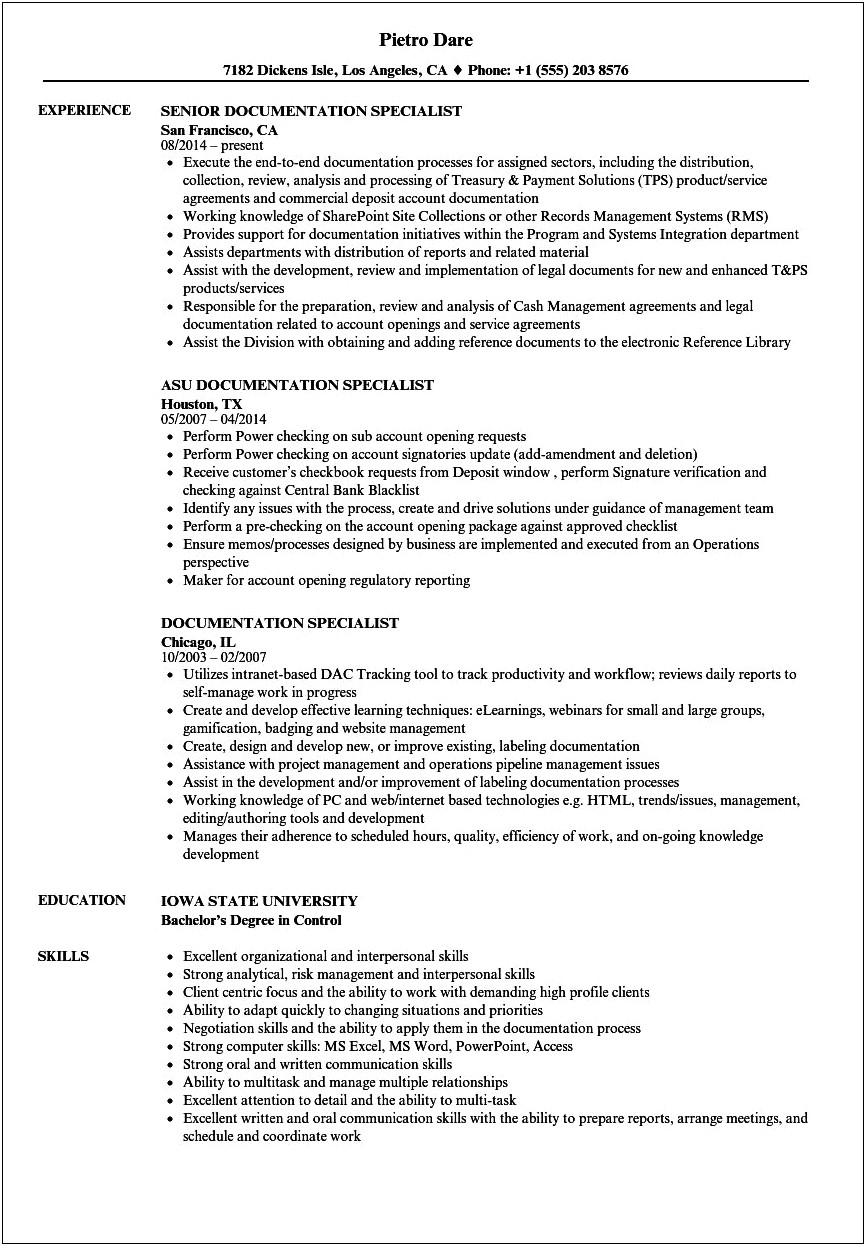 Resume Example For Document Processing Specialist