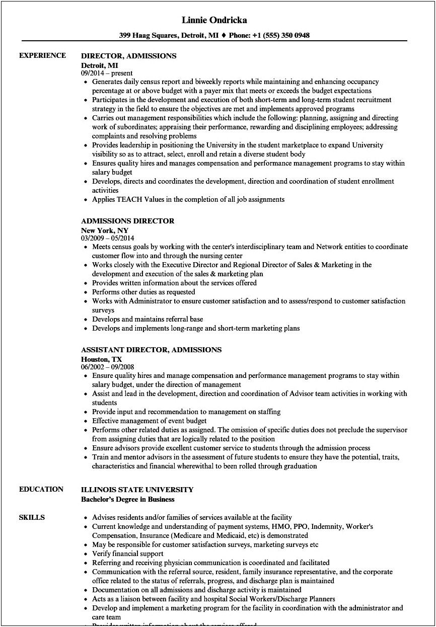 Resume Example For Entry Level Admissions Counselor