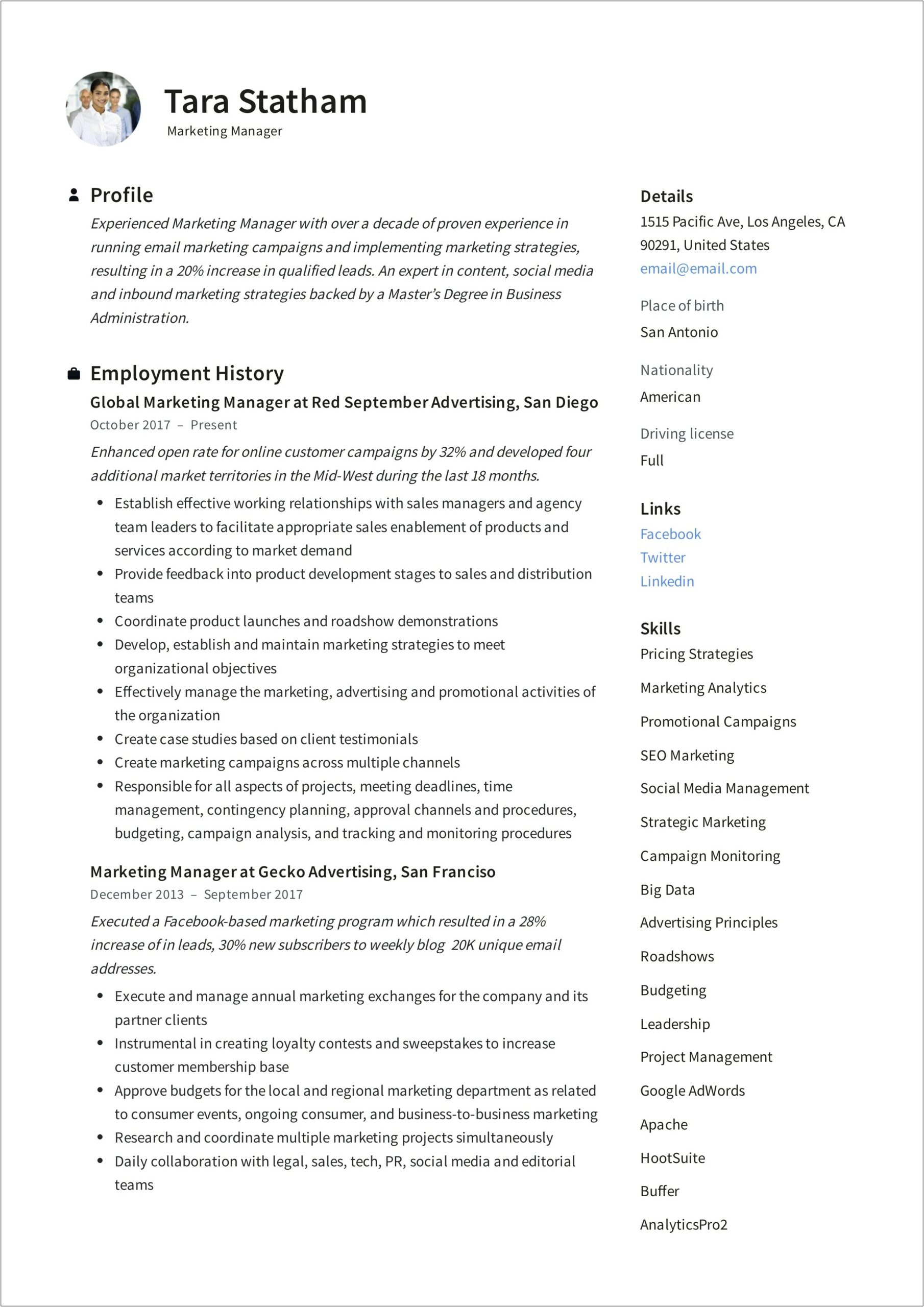 Resume Example For Experience Marketing Manager