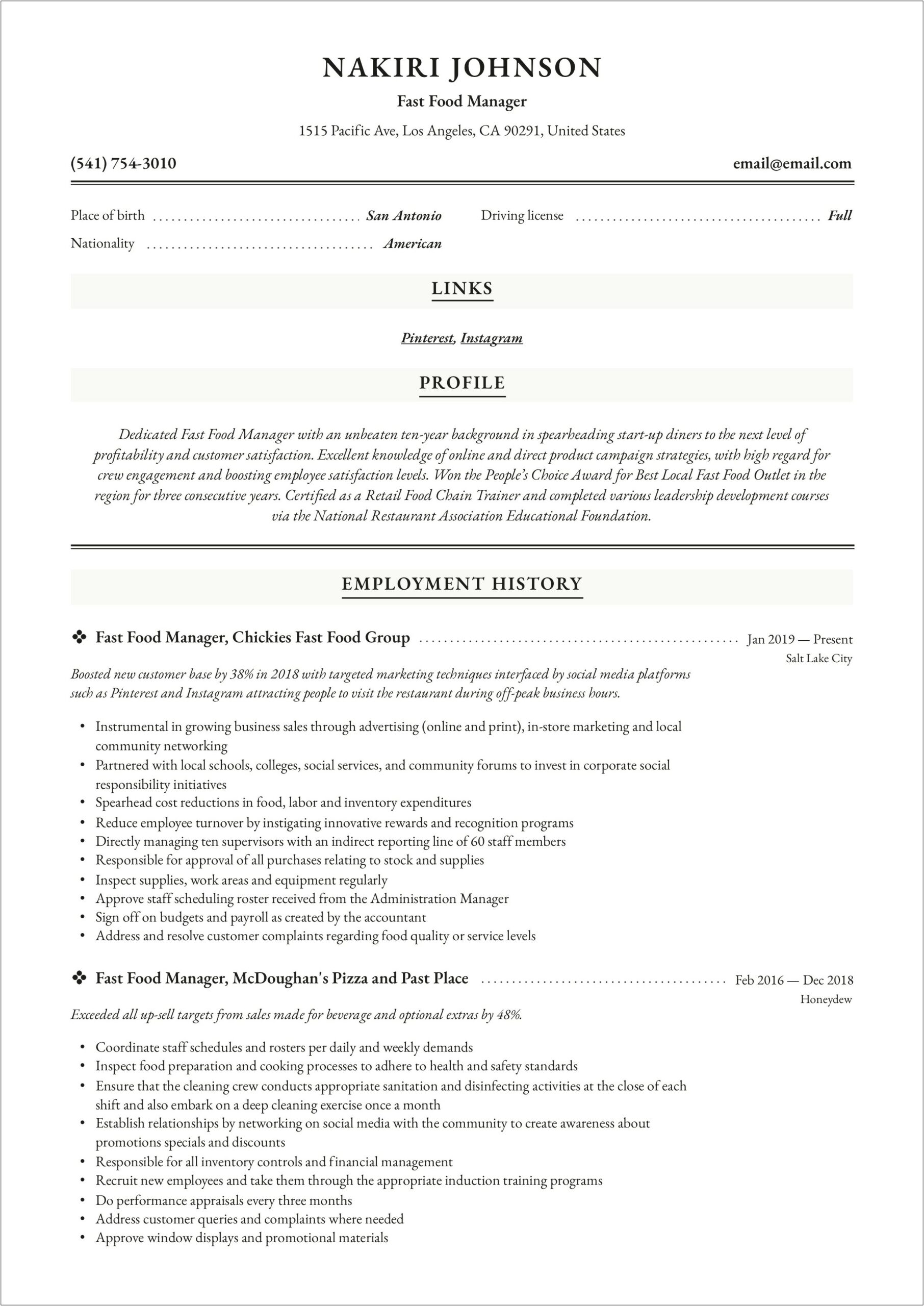 Resume Example For Fast Food Restaurant Manager