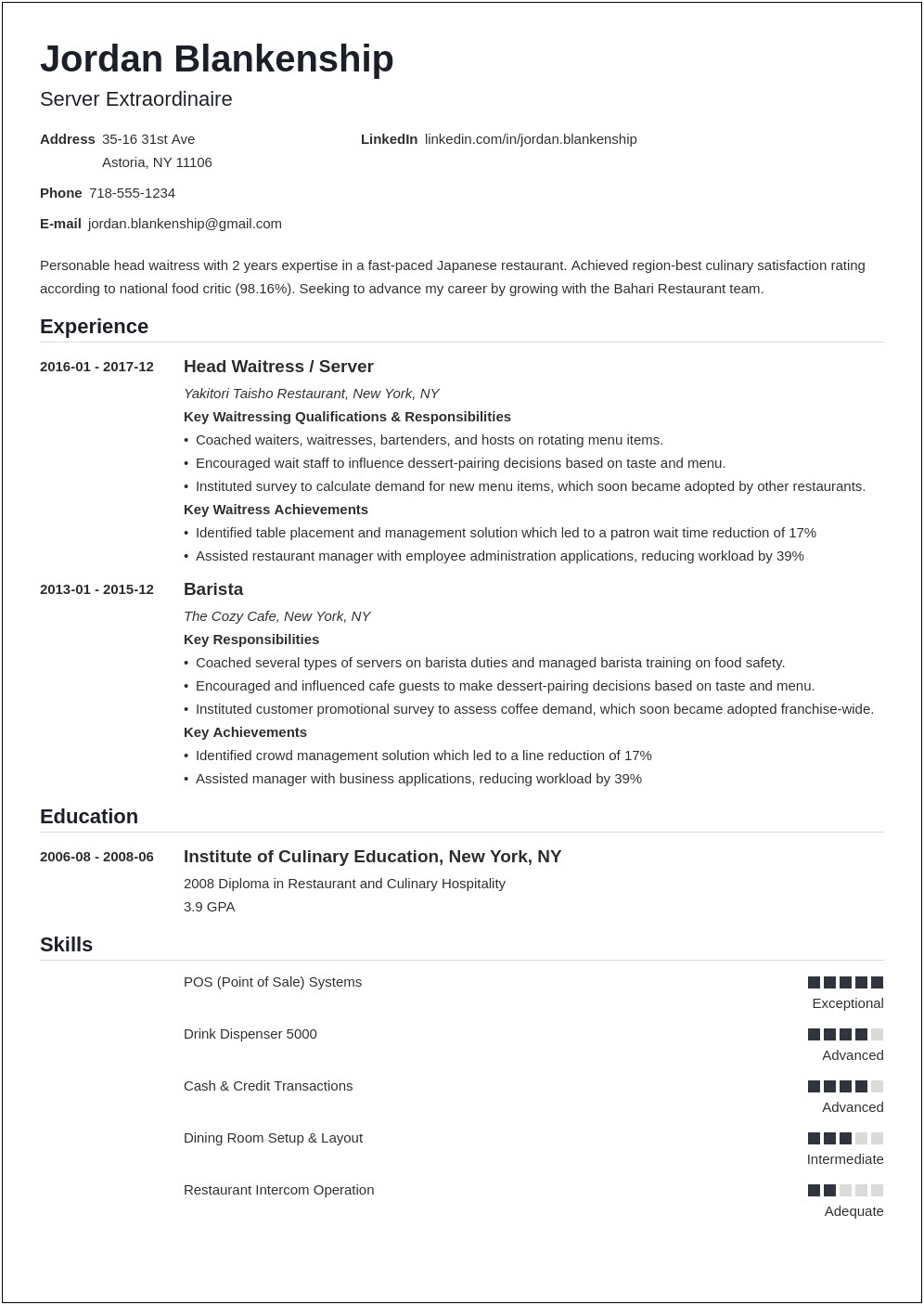 Resume Example For Food Server