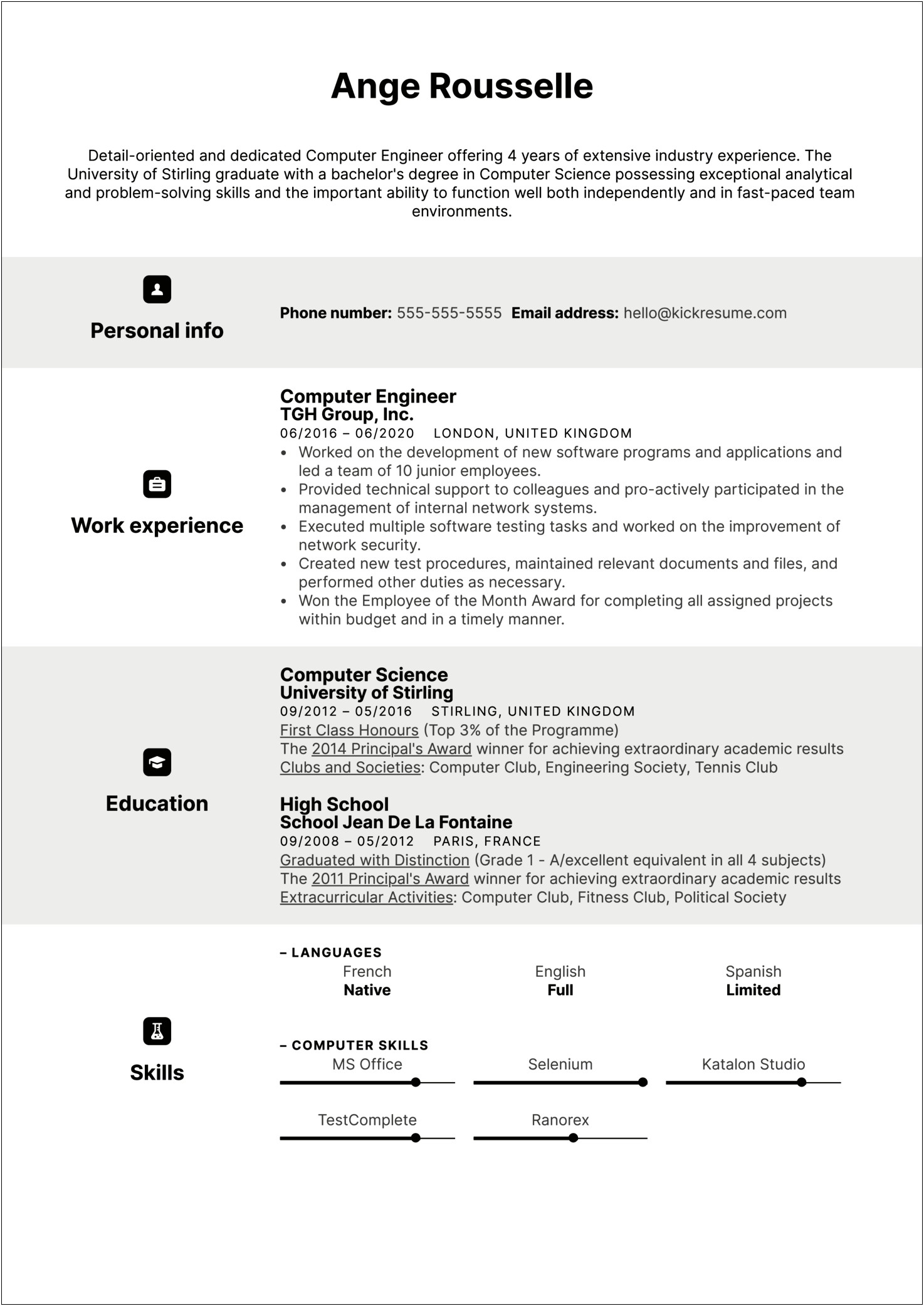 Resume Example For Freshers Computer Engineers