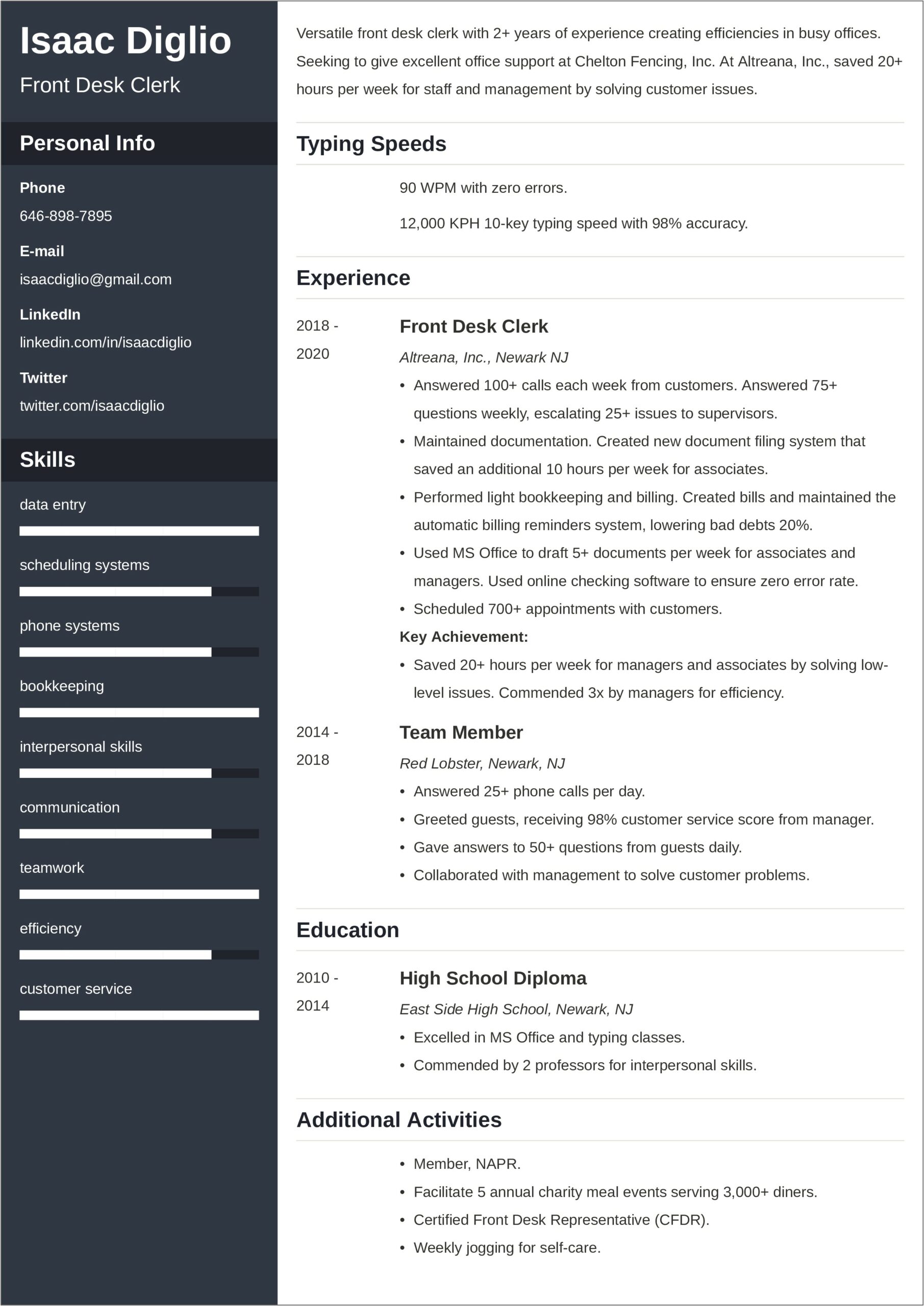 Resume Example For Front Desk