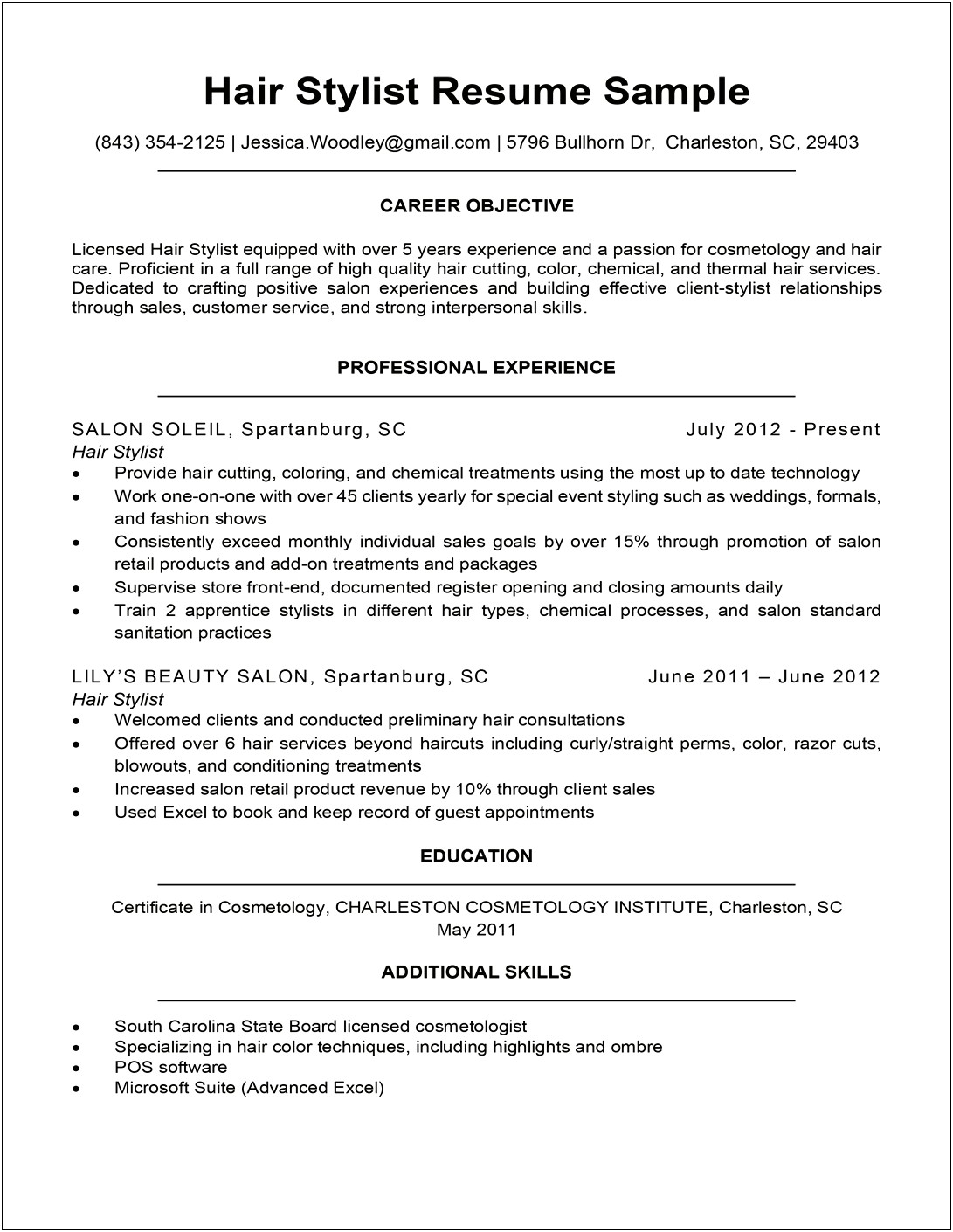 Resume Example For Hair Stylist Assistant