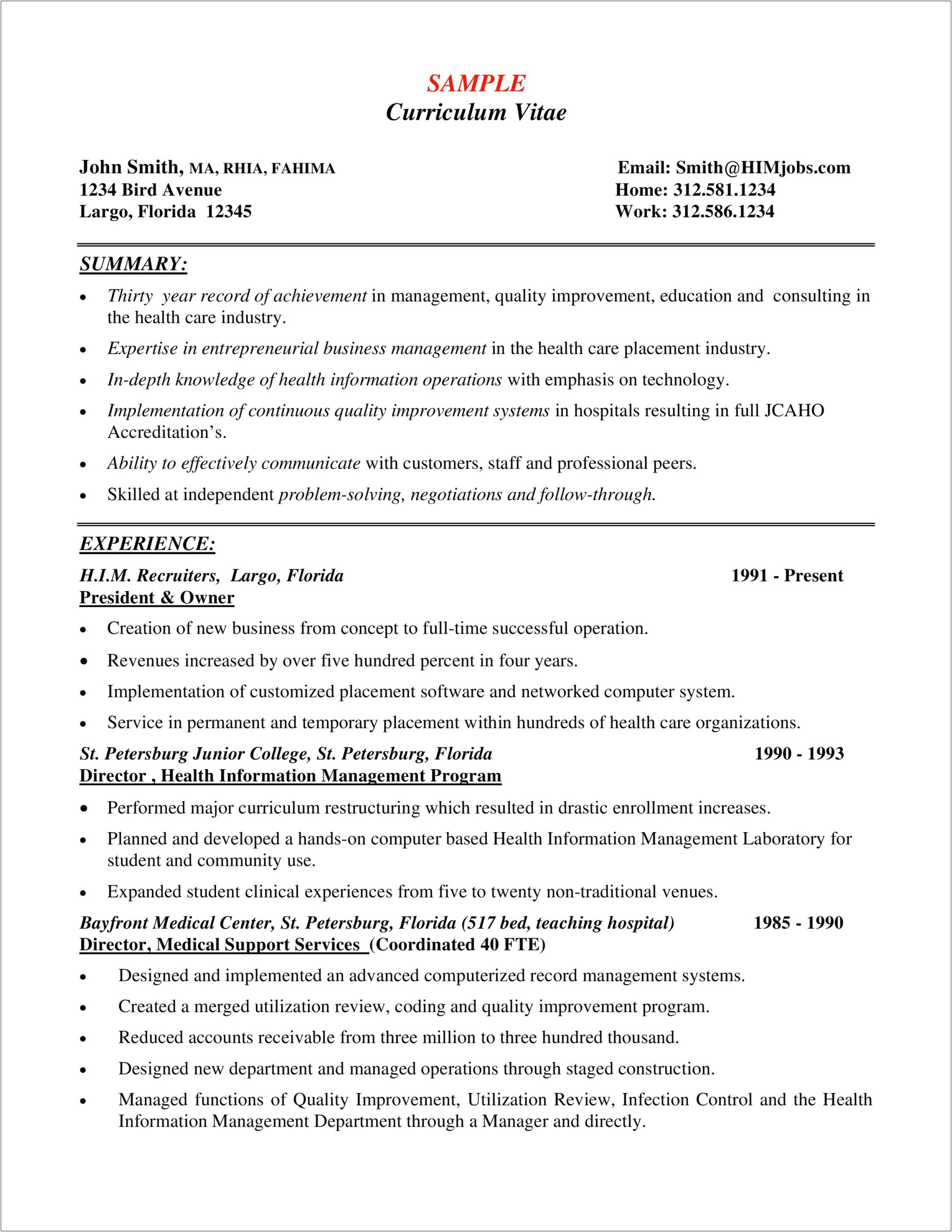 Resume Example For Healthcare Management Positiona
