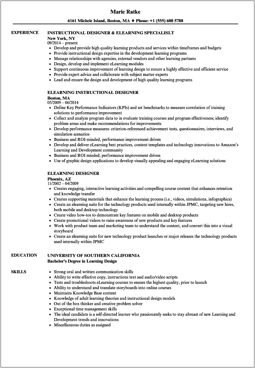 Resume Example For Instional Design