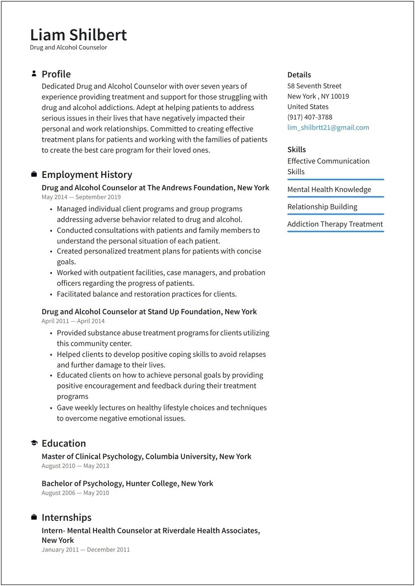 Resume Example For Internship Counseling