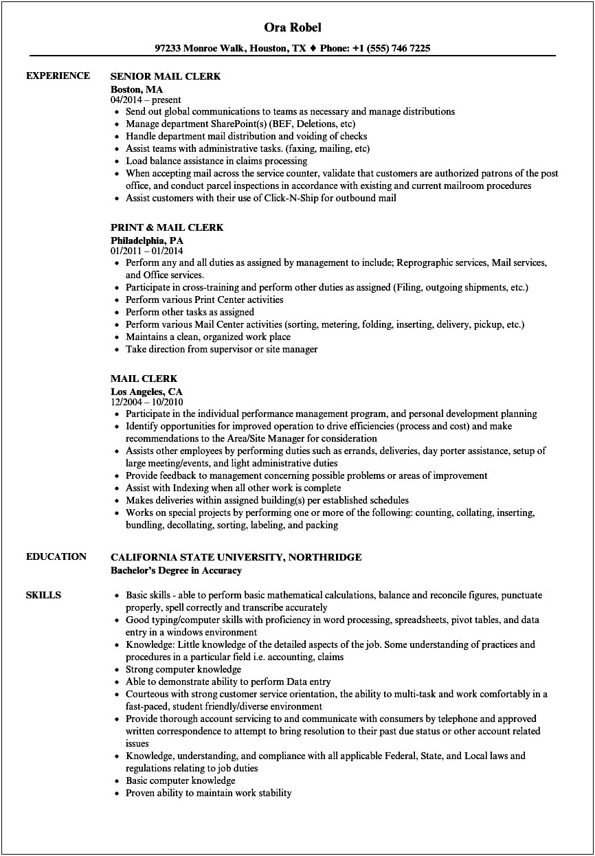 Resume Example For Mail Handler