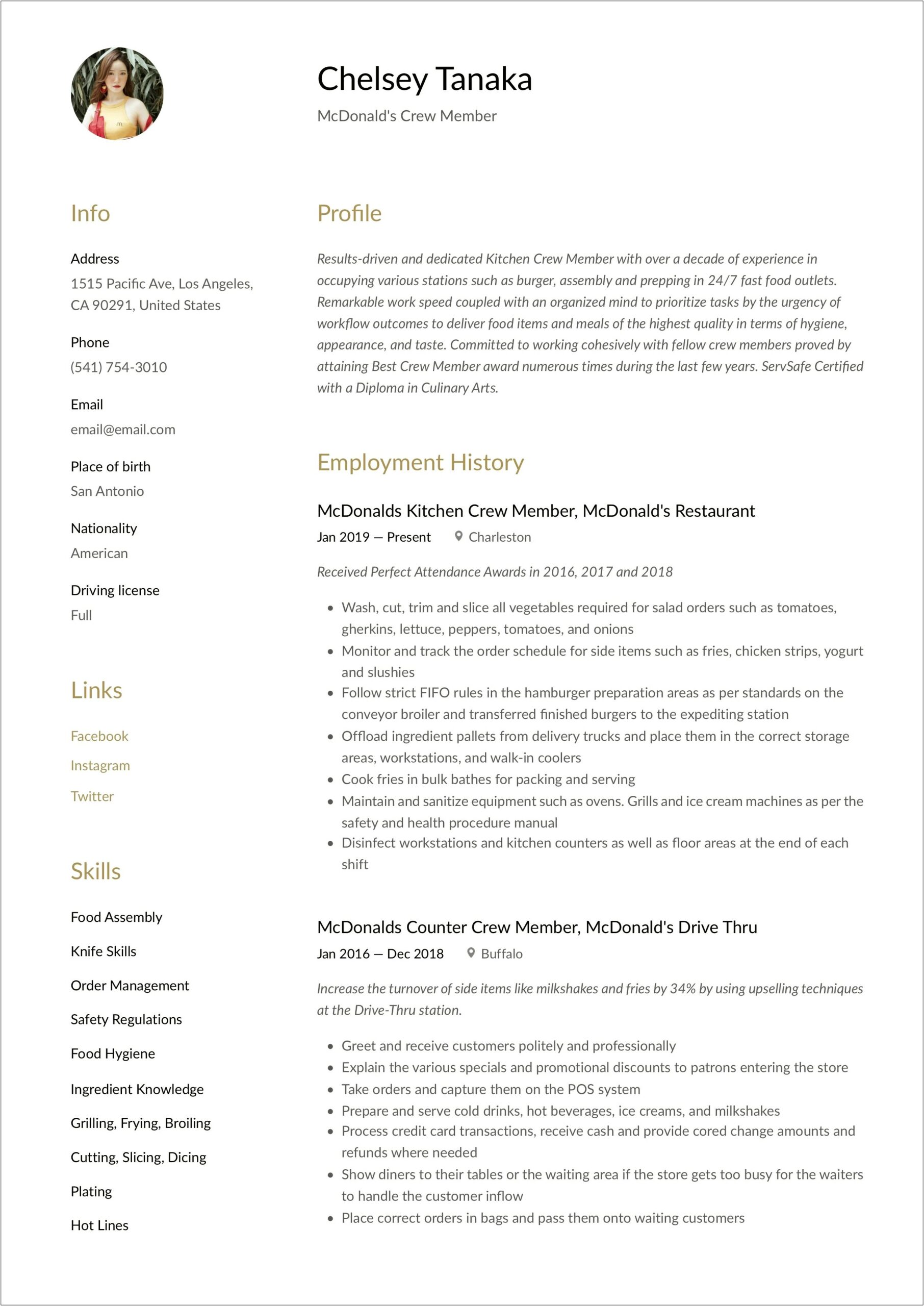 Resume Example For Mcdonalds Manager