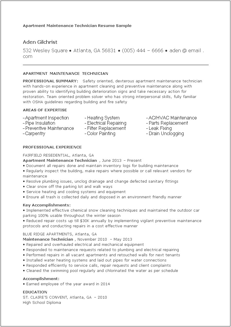 Resume Example For Mechanical Maintenance
