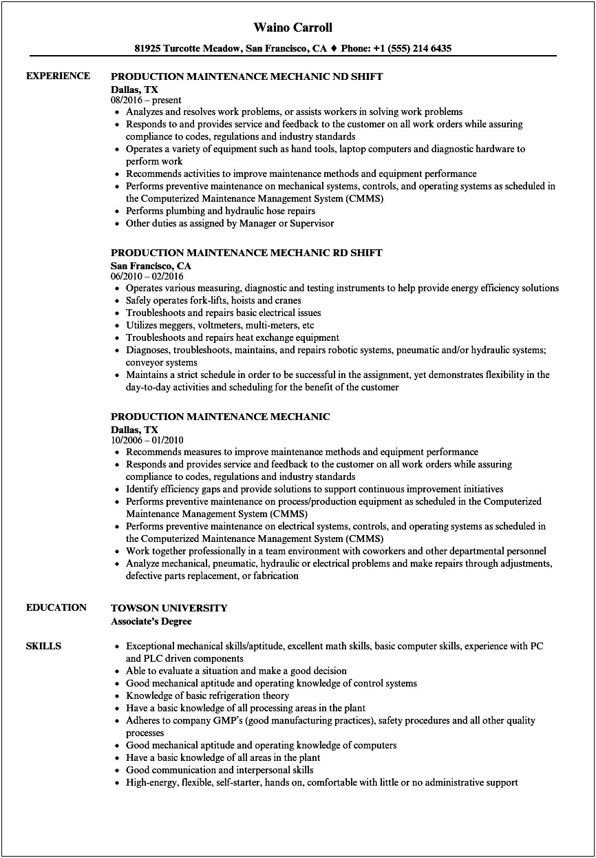 Resume Example For Mill Wright