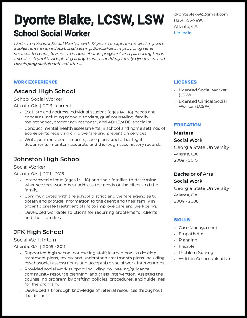 Resume Example For Msw Program