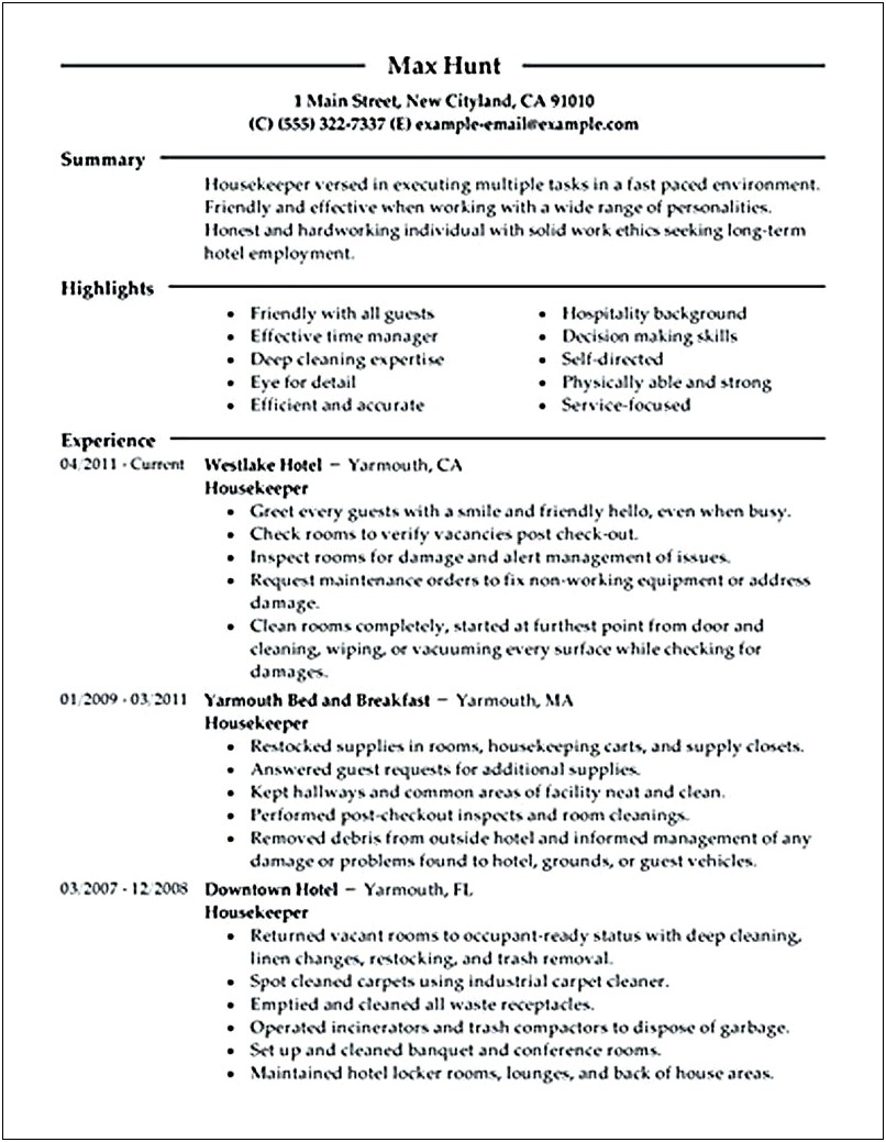Resume Example For Personal Housekeeper