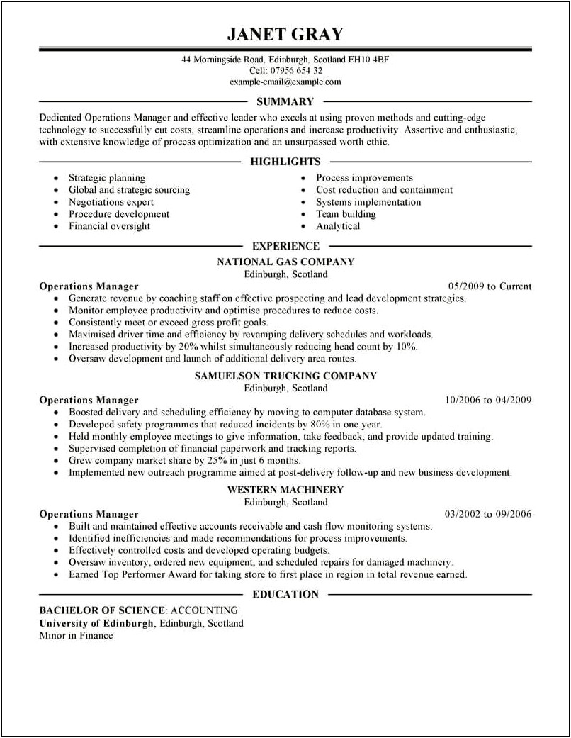 Resume Example For Plant Manager