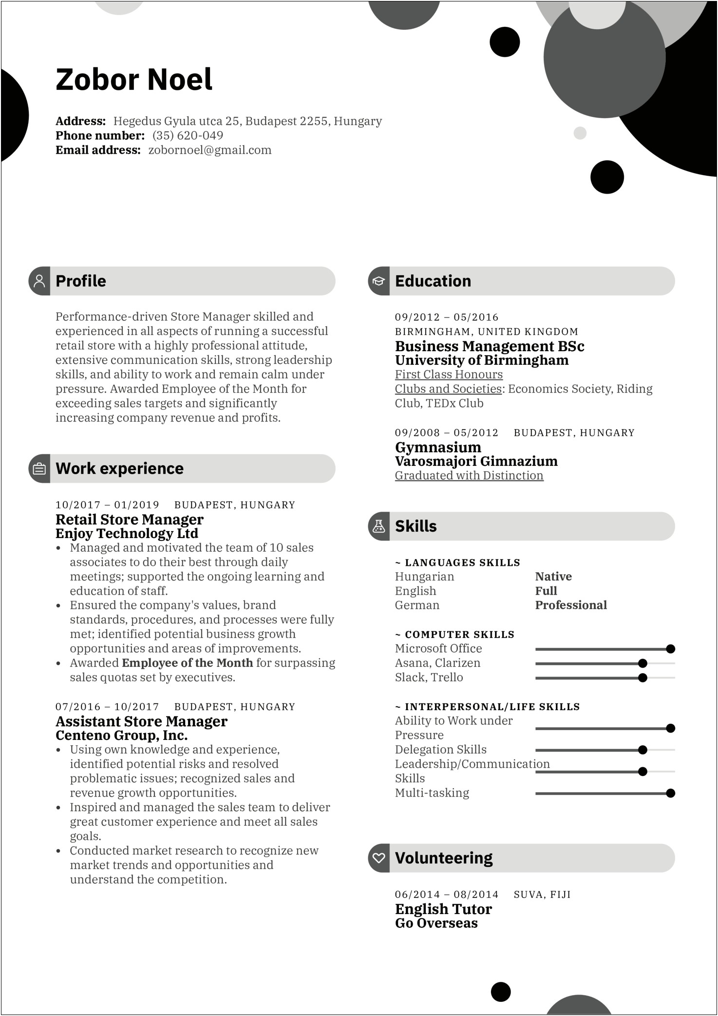 Resume Example For Retail Manager