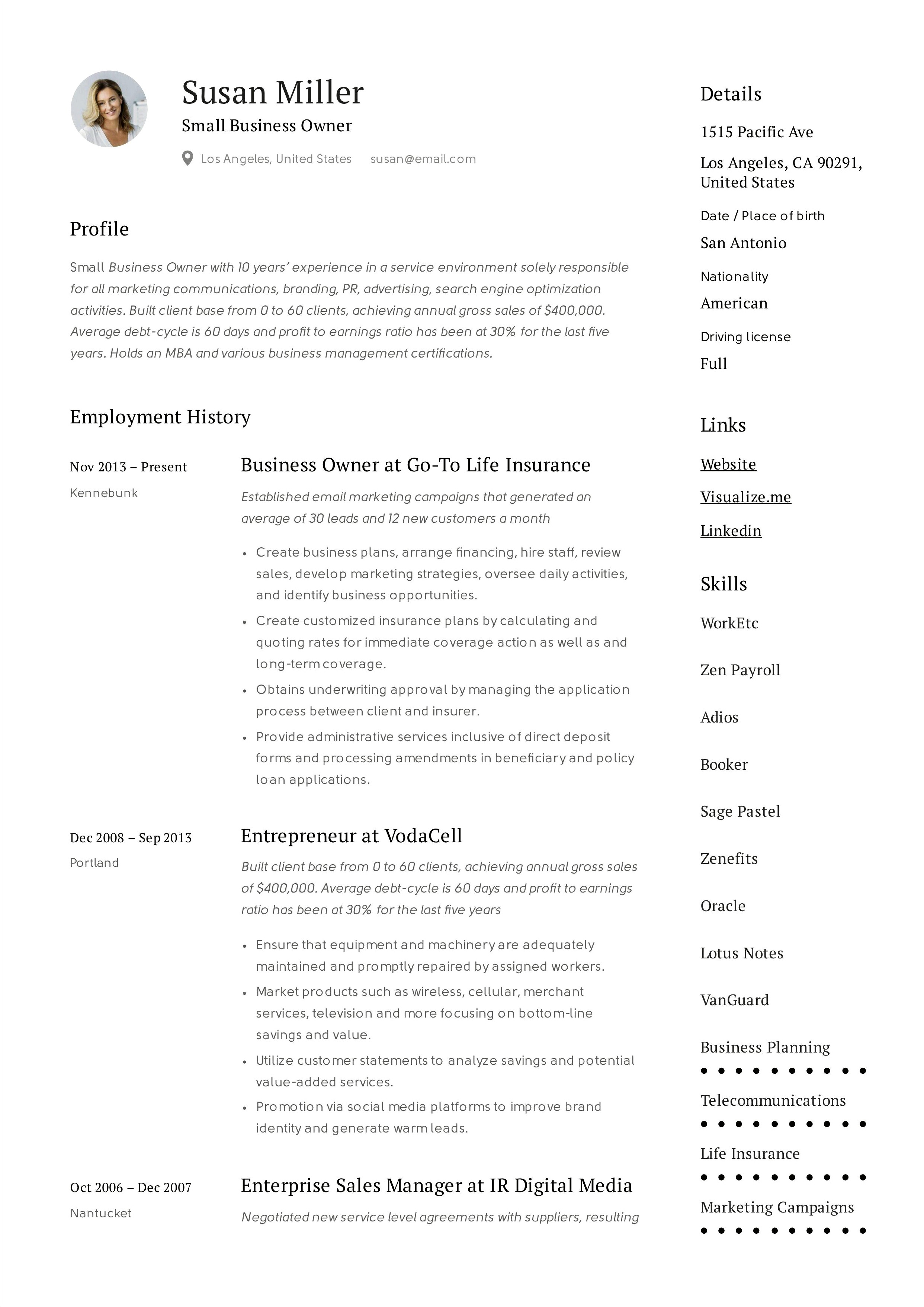 Resume Example For Small Business Application