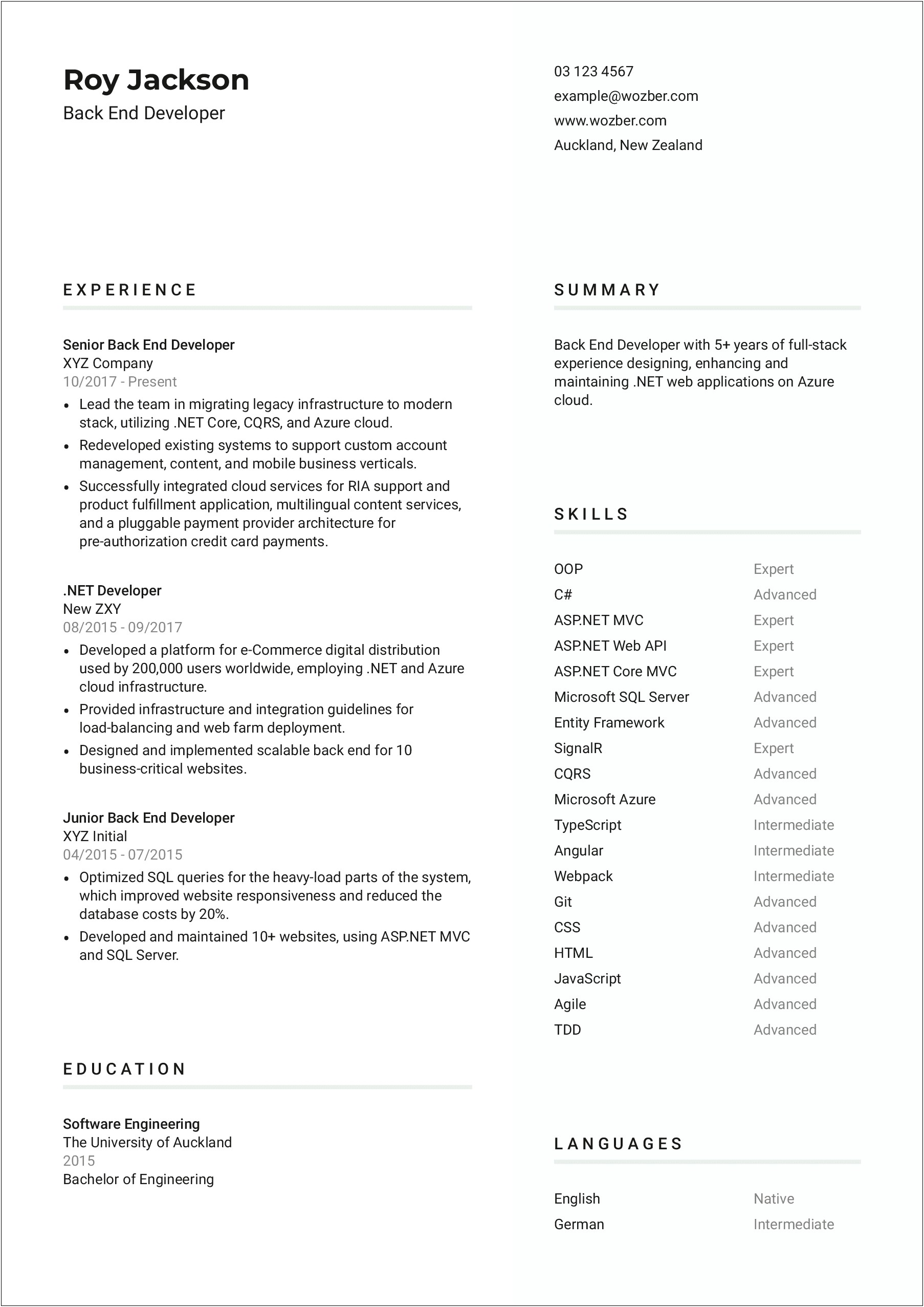 Resume Example For Sql Developer