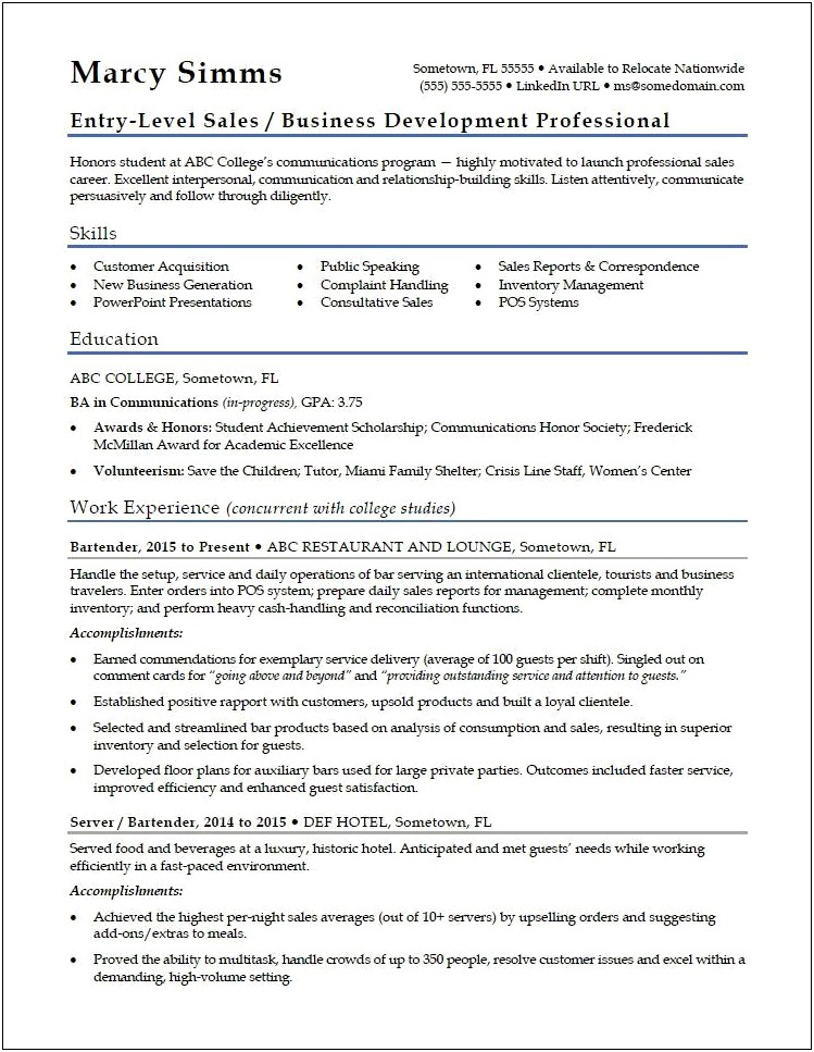 Resume Example For Student With No Experience Monster