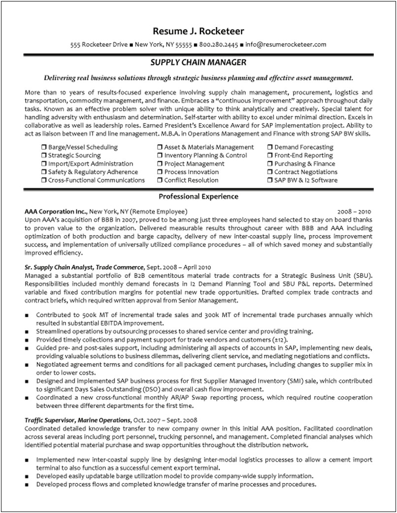 Resume Example For Supply Chain Management