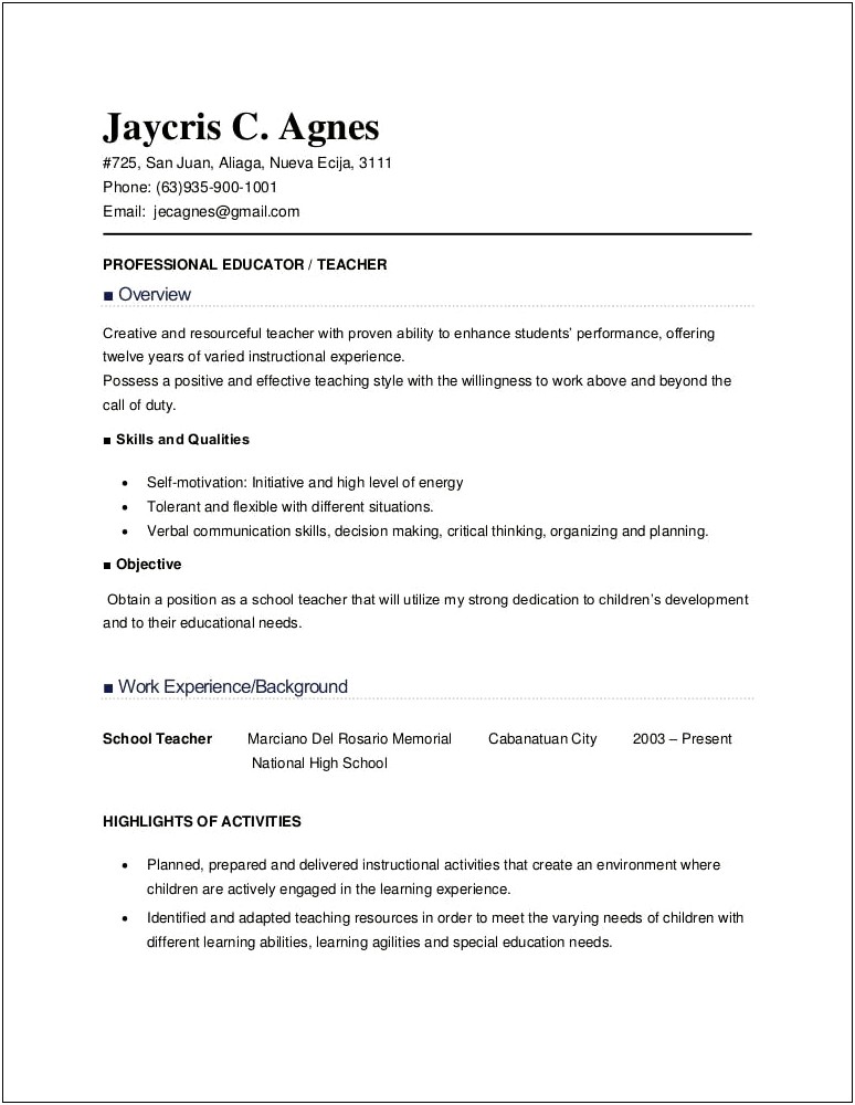 Resume Example For Teacher Applicant