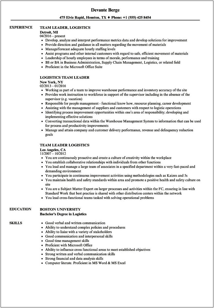 Resume Example For Team Leader