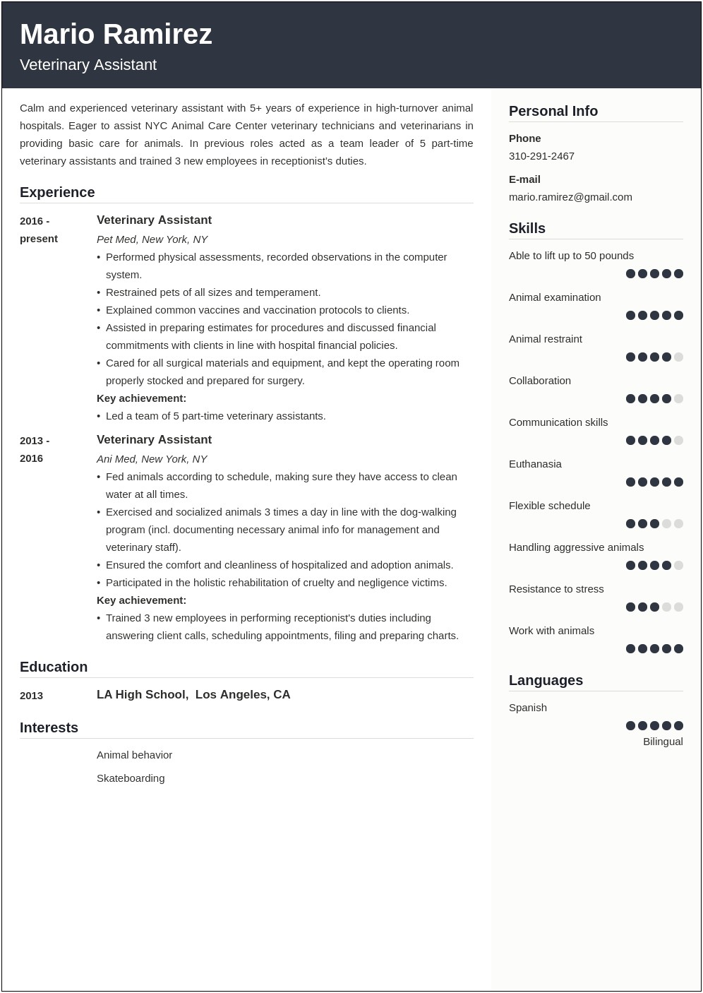 Resume Example For Veterinary Receptionist