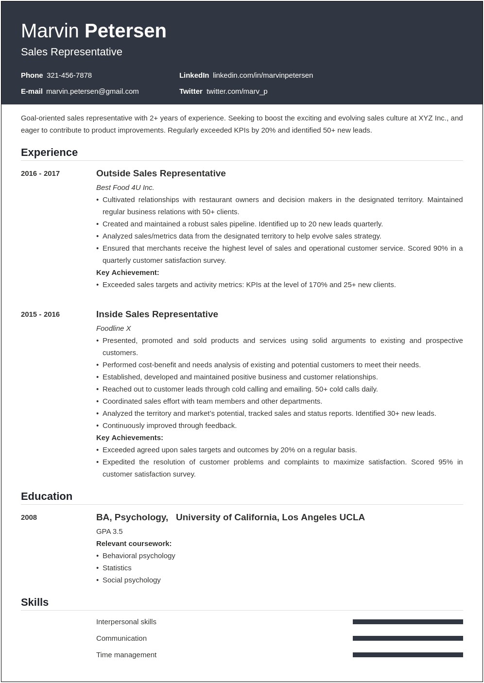 Resume Example For Young Sales Person Objective