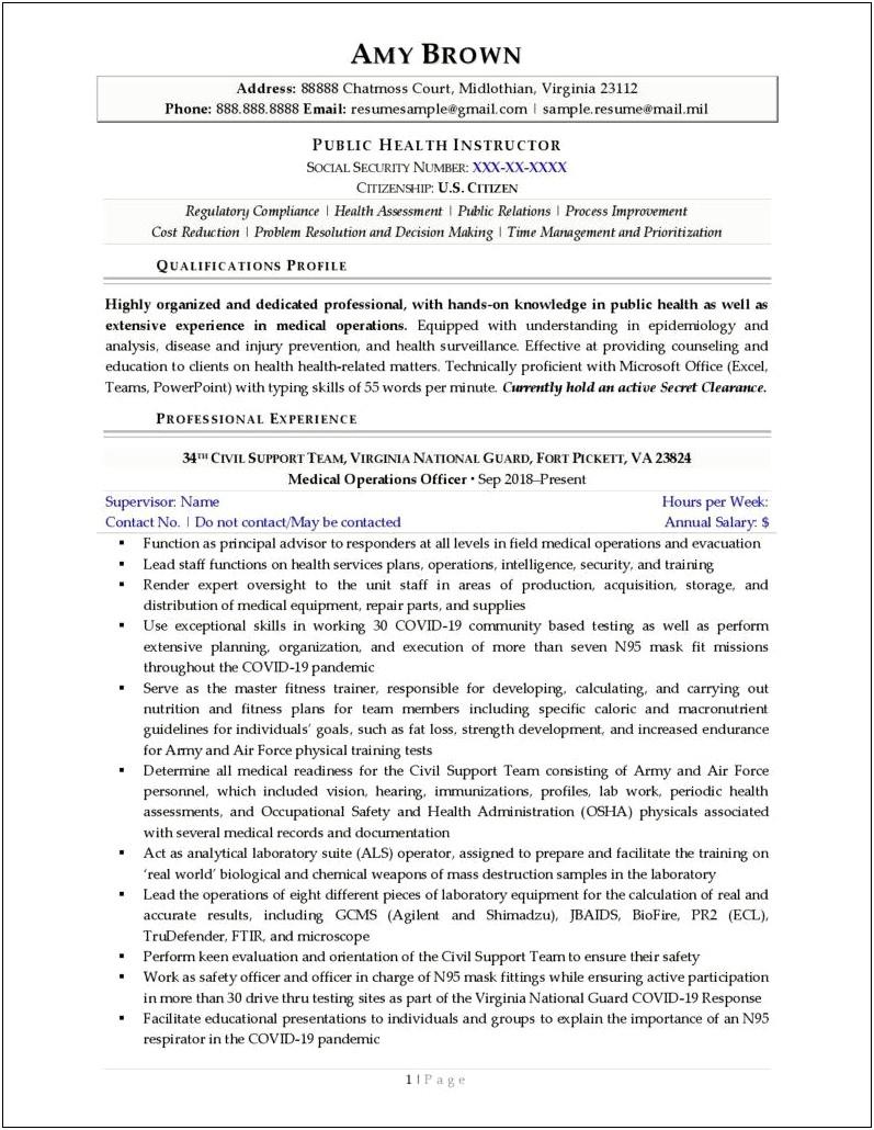 Resume Example Including Security Clearance