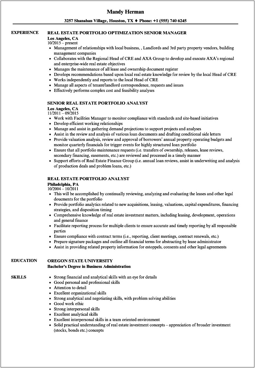 Resume Example Investment Property Owner