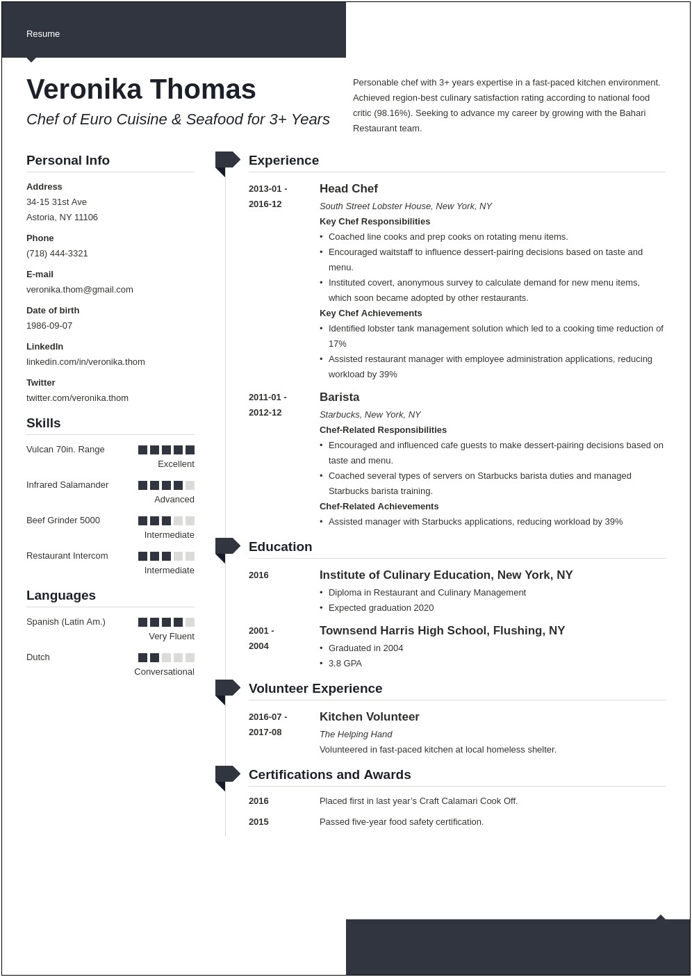 Resume Example Of A Chef