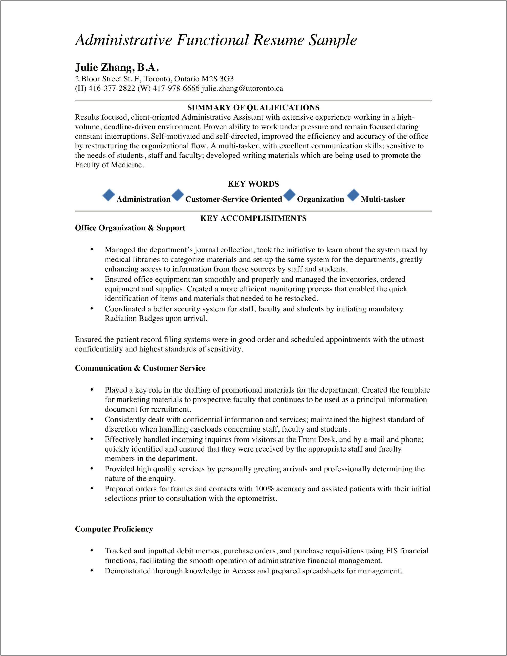Resume Example Of Administrative Assistant