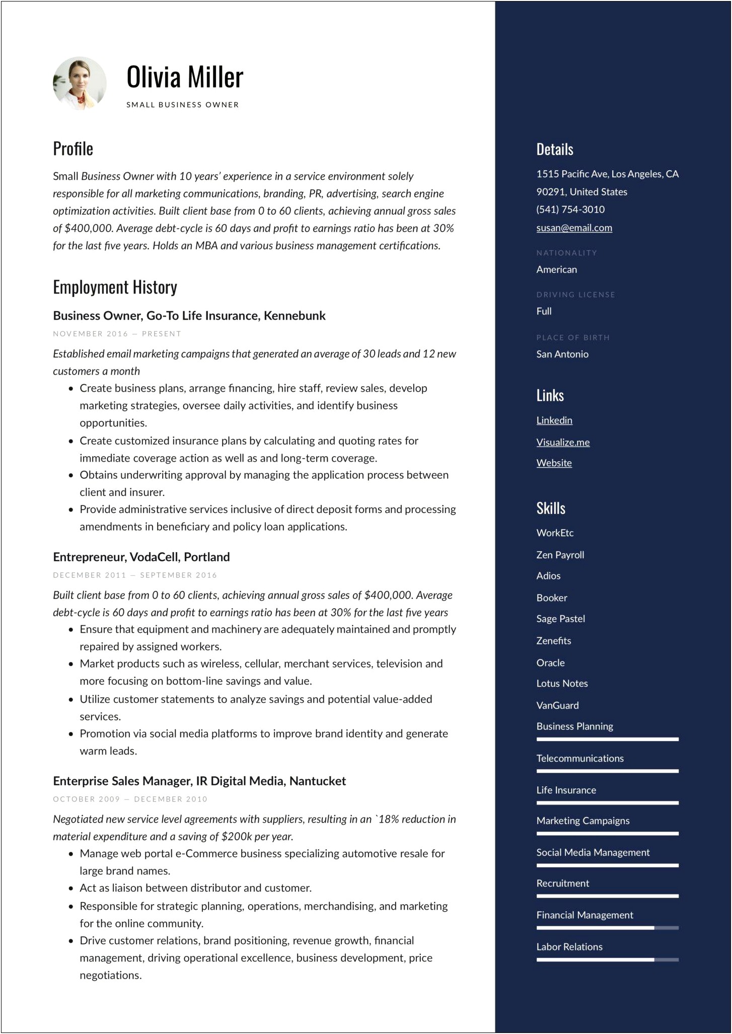 Resume Example Of Small Buisness Owner