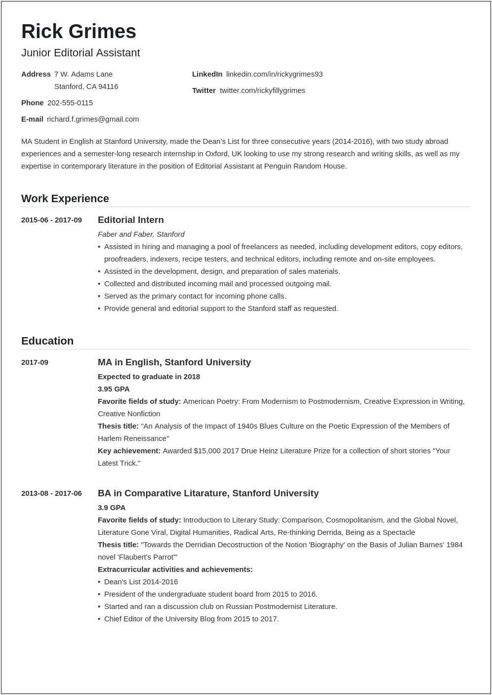Resume Example Student Success Profile