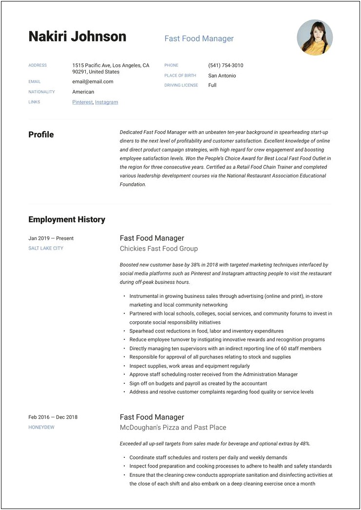 Resume Example Template Dietary Manager
