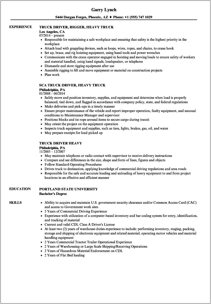 Resume Example Tractor Trailer Driver