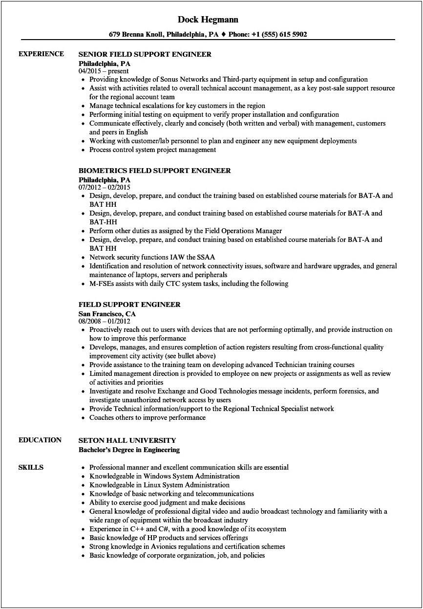 Resume Example Travel Field Engieer Customer Service Experience