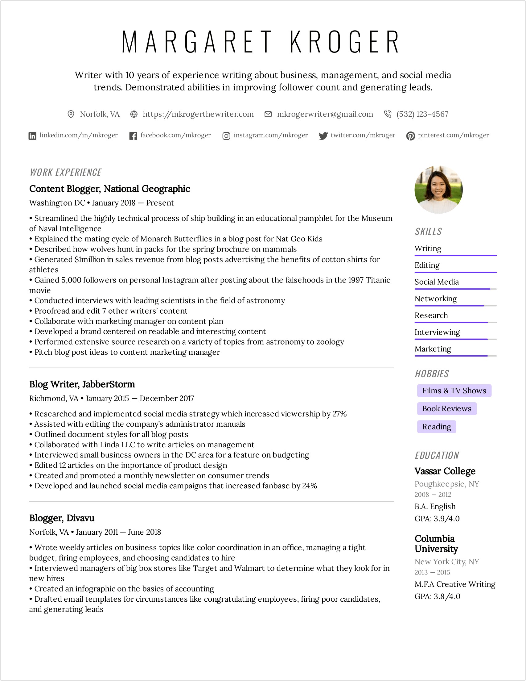 Resume Example With Blog On It