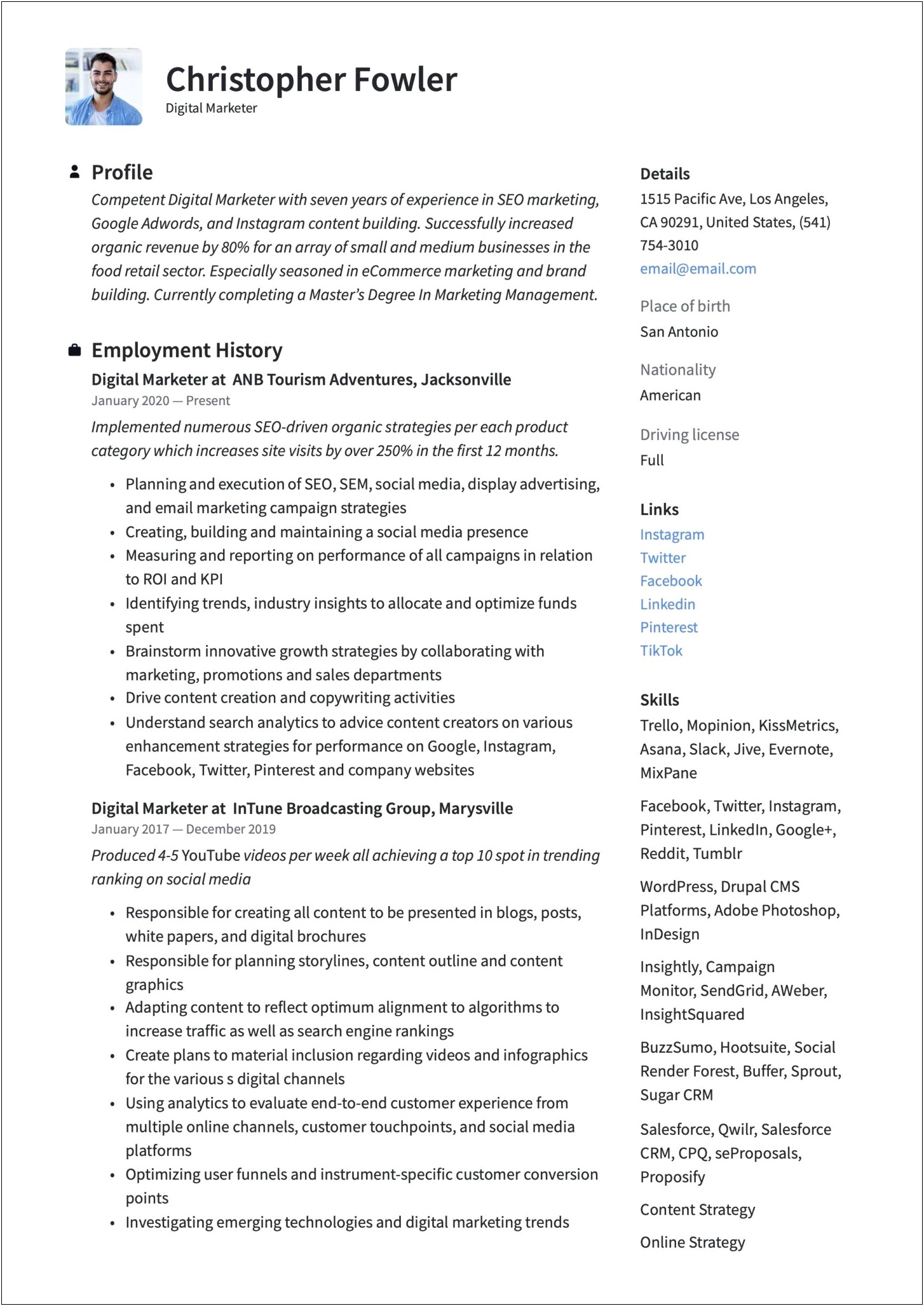 Resume Example With Blurb At Top