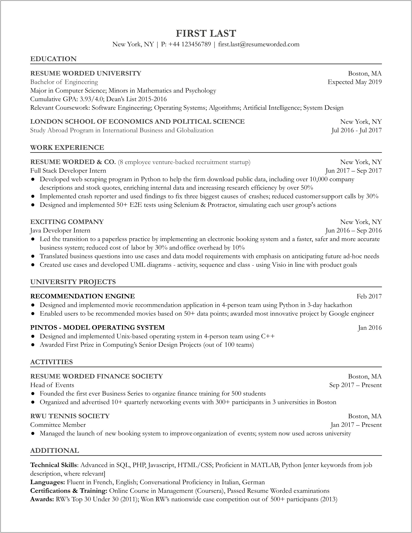 Resume Example With Internship Experience