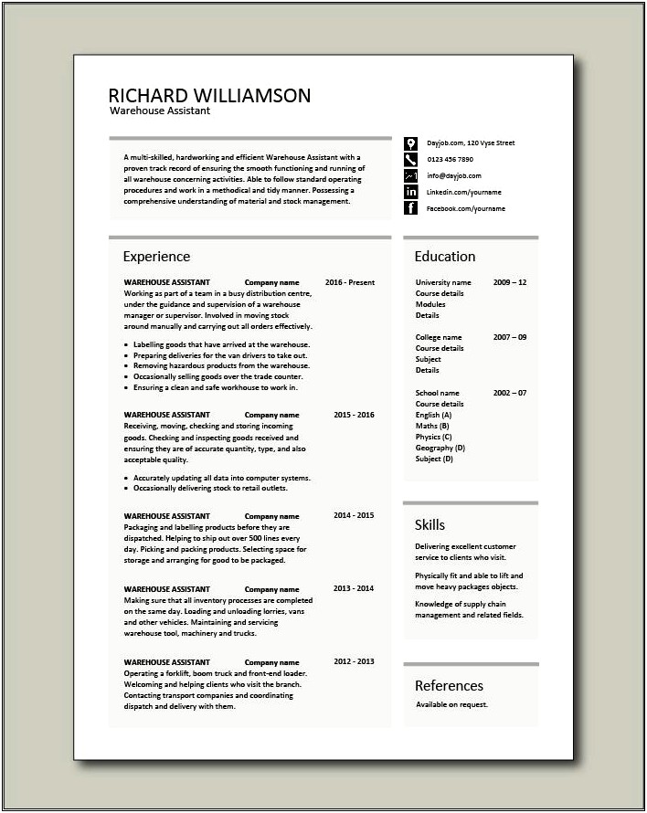Resume Example With No Warehouse Exp