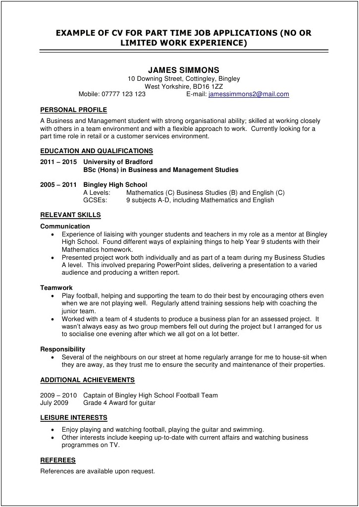 Resume Example With Part Time Work Experience