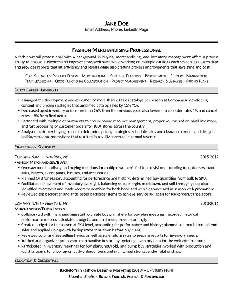 Resume Example With Pog And Merchandising Experience